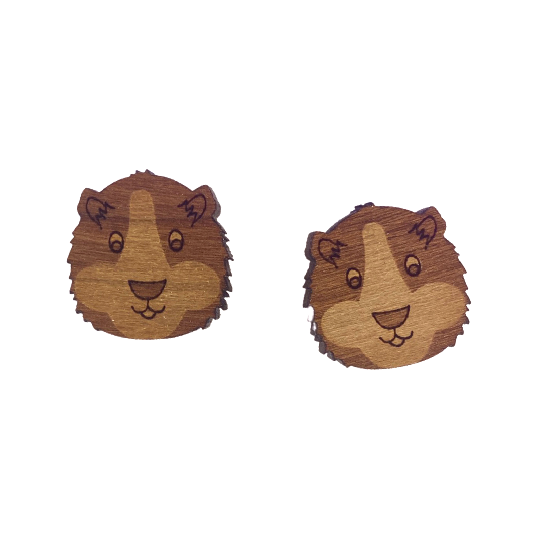 Wood Guinea Pig Head Earrings Studs Uncanny Animals