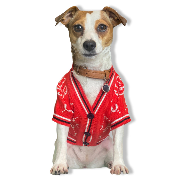 Preppy Pup Cardigan Sweater - Red