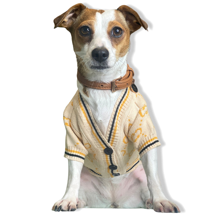 Preppy Pup Cardigan Sweater - Beige/Yellow