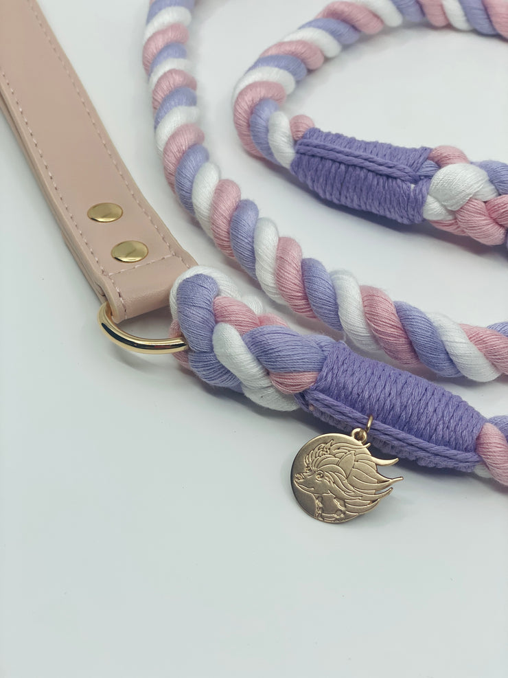 Braided Cotton Rope Dog Leash With Vegan Leather Handle - Unicorn