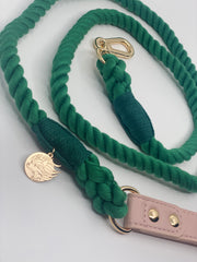 Braided Cotton Rope Dog Leash With Vegan Leather Handle - Emerald Green