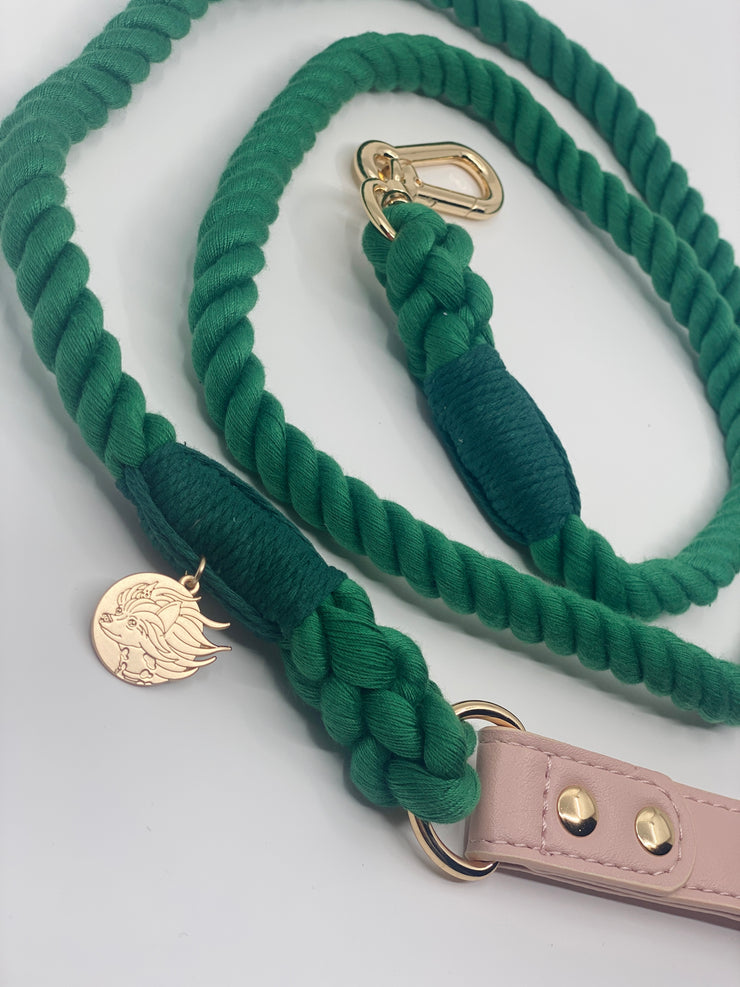 Braided Cotton Rope Dog Leash With Vegan Leather Handle - Emerald Green