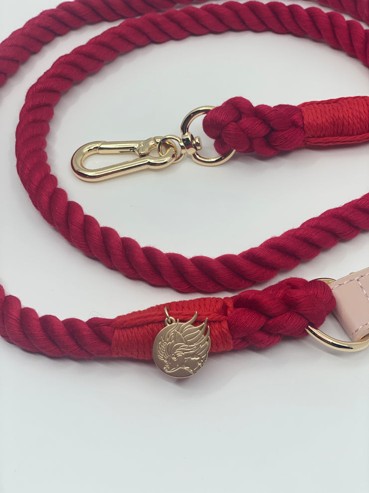 Braided Cotton Dog Leash With Vegan Leather Handle - Royal Red