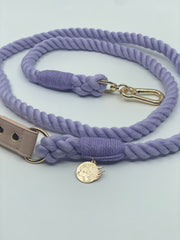 Braided Cotton Dog Leash With Vegan Leather Handle - Soft Purple