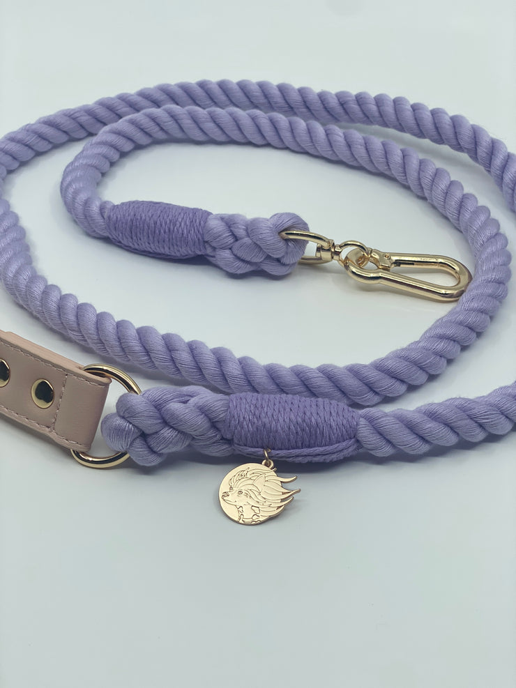 Braided Cotton Rope Dog Leash With Vegan Leather Handle - Soft Purple