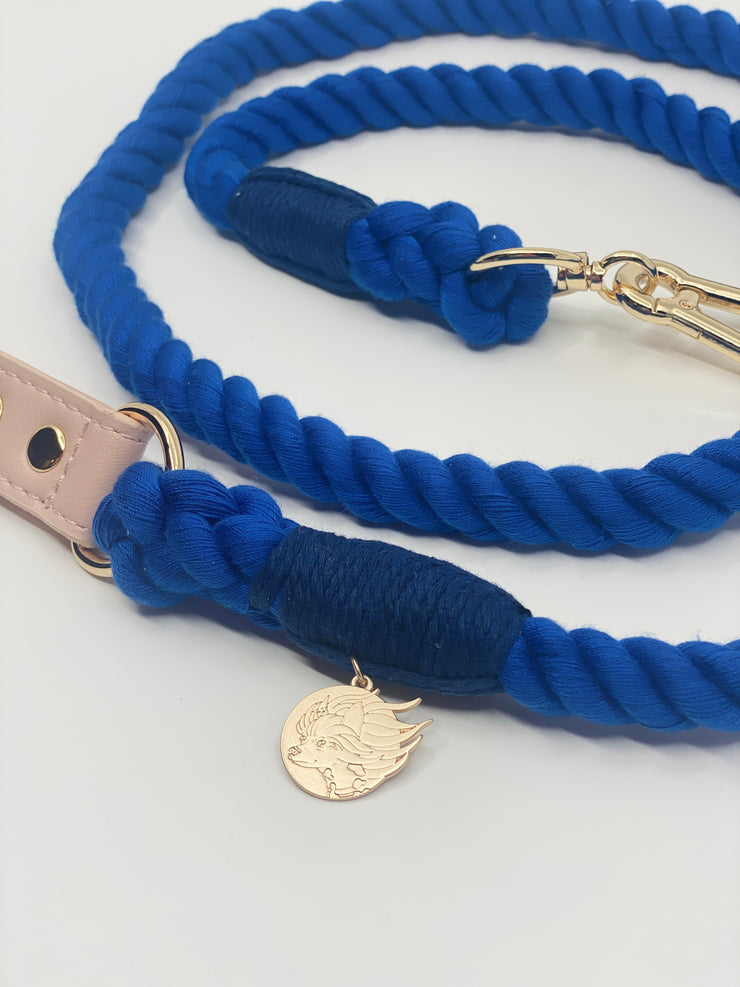 Braided Cotton Dog Leash With Vegan Leather Handle - Cobalt Blue