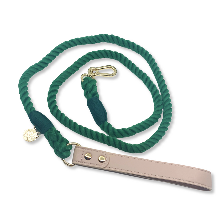 Braided Cotton Rope Dog Leash With Vegan Leather Handle - Emerald Green