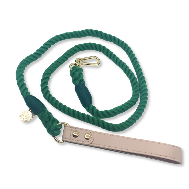 Braided Cotton Dog Leash With Vegan Leather Handle - Emerald Green