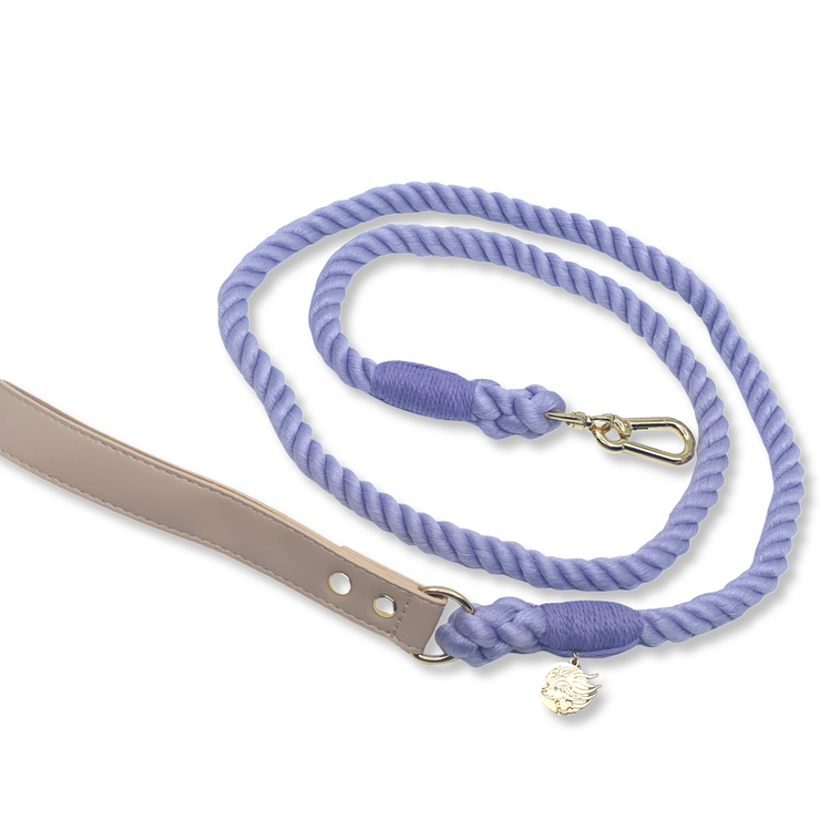 Braided Cotton Rope Dog Leash With Vegan Leather Handle - Soft Purple