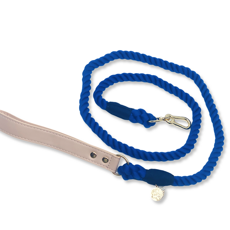 Braided Cotton Dog Leash With Vegan Leather Handle - Cobalt Blue