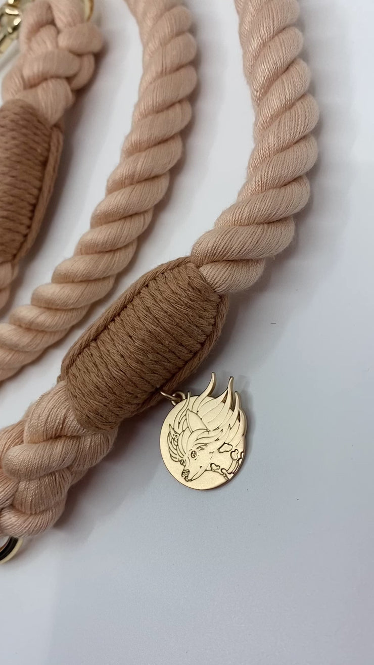 Braided Cotton Rope Dog Leash With Vegan Leather Handle - Blush Latte