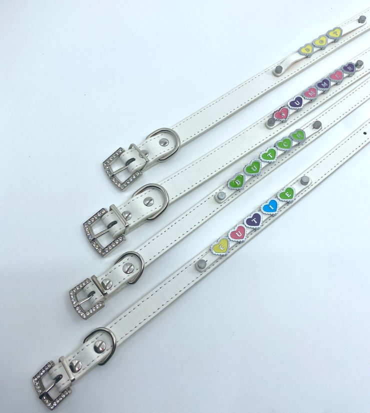 Customisable Name Collar - White Faux Leather (for heart-shaped letters)