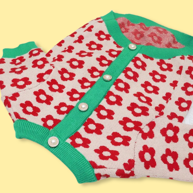 Red Flower Knitted Cardigan Sweater