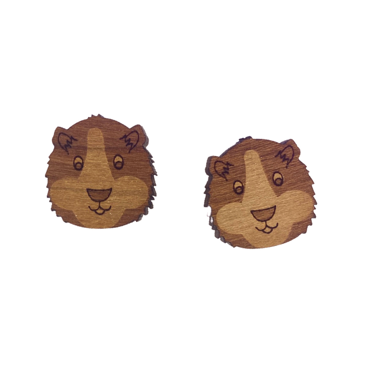 Wood Guinea Pig Head Earrings Studs