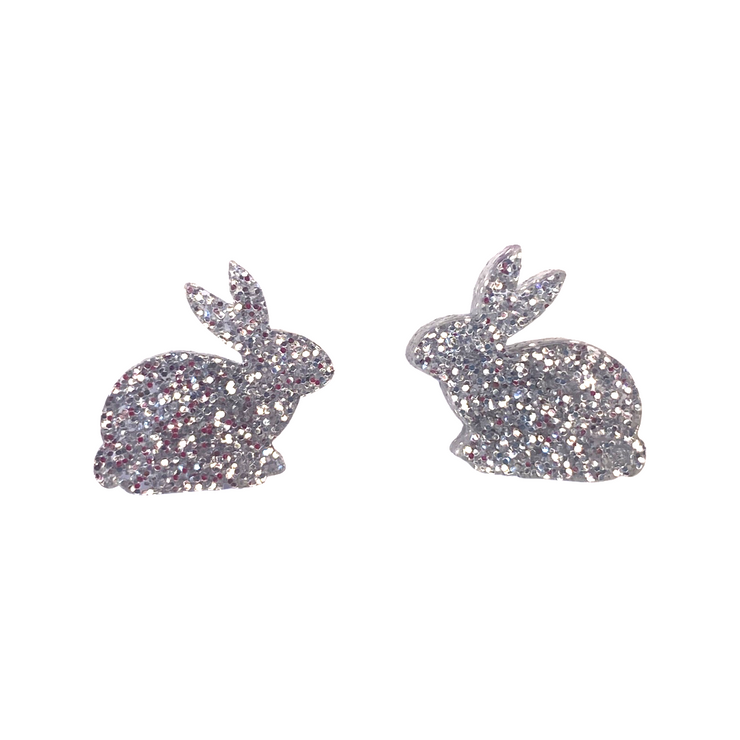 Silver Glitter Rabbit Earrings Studs